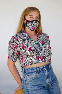 Reworked Vintage Top and Mask Ensemble - Vintage blouse cropped - “Pushed To The Pink”