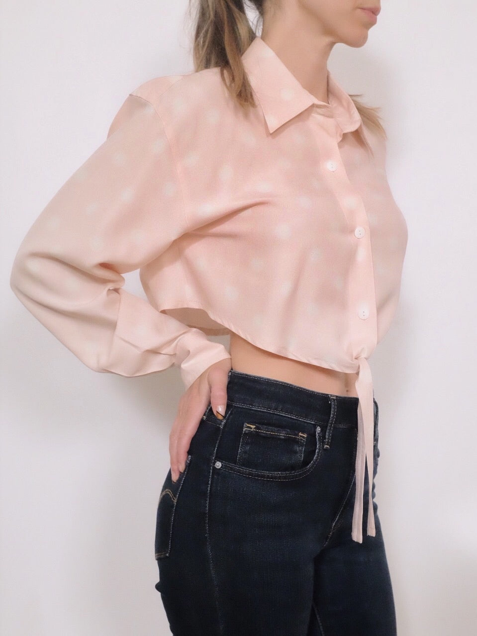 Transformed Vintage Blouse - Cropped, Tie Front Oversized Top - Size Large
